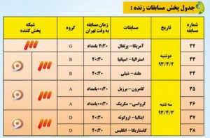 جدول پخش زنده مسابقات جام&zwnj;جهانی 2014 از تلویزیون